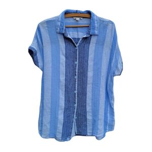 Beach Lunch Lounge Shades of Blue Linen Cotton Blend Buttondown Top Size Small